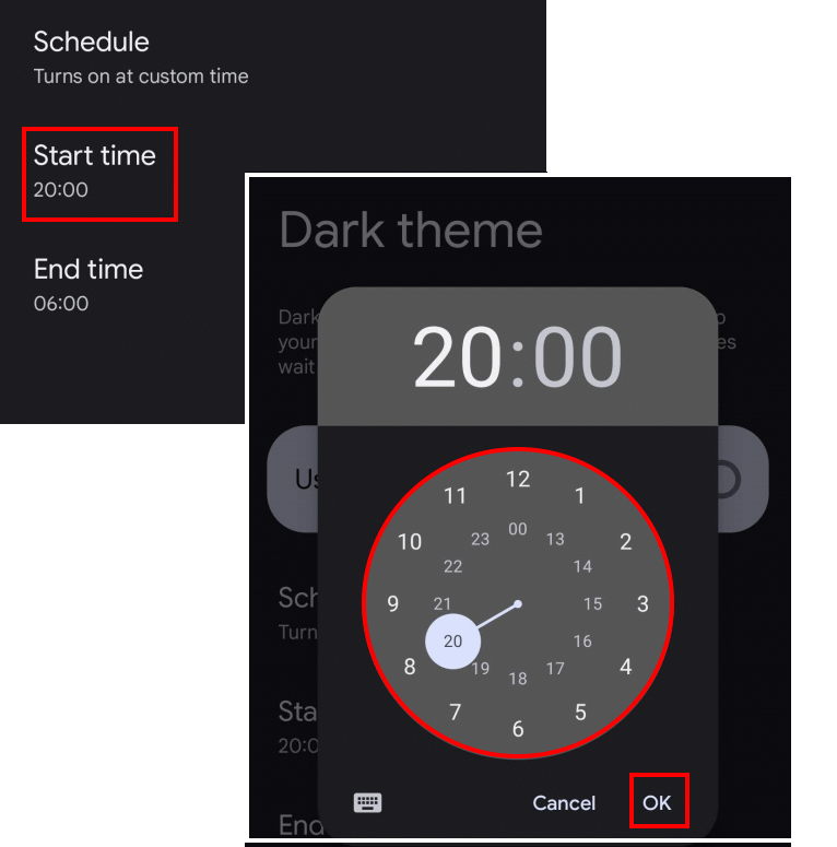 Tap Start time and End time to set when Dark theme will turn on and off